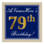 [ Thumbnail: Elegant, Blue, Faux Gold 79th Birthday + Name Poster ]