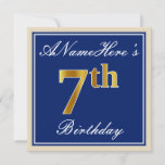 [ Thumbnail: Elegant, Blue, Faux Gold 7th Birthday; Custom Name Invitation ]