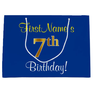 Elegant, Blue, Faux Gold 7th Birthday; Custom Name Large Gift Bag