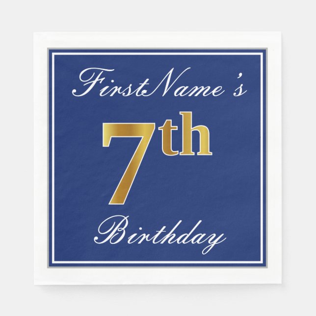 Elegant Blue, Faux Gold 7th Birthday + Custom Name Napkins (Front)