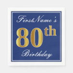 [ Thumbnail: Elegant Blue, Faux Gold 80th Birthday; Custom Name Napkins ]
