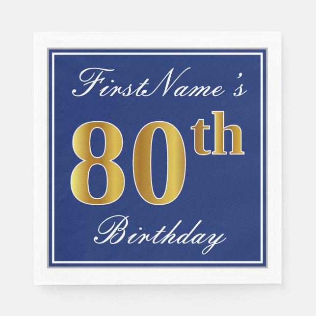 Elegant Blue, Faux Gold 80th Birthday; Custom Name Napkins (Front)