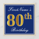[ Thumbnail: Elegant, Blue, Faux Gold 80th Birthday + Name Invitation ]