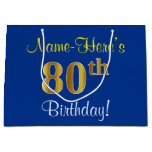 [ Thumbnail: Elegant, Blue, Faux Gold 80th Birthday + Name Gift Bag ]