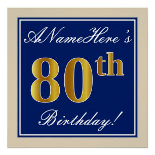 Elegant, Blue, Faux Gold 80th Birthday + Name Poster