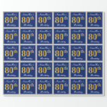 [ Thumbnail: Elegant, Blue, Faux Gold 80th Birthday + Name Wrapping Paper ]