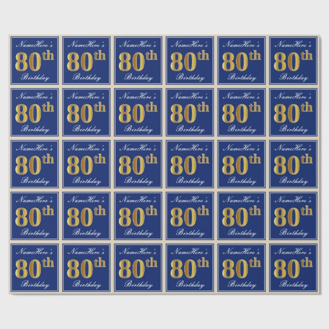 Elegant, Blue, Faux Gold 80th Birthday + Name Wrapping Paper (Flat)