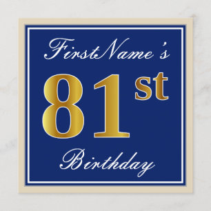 Elegant, Blue, Faux Gold 81st Birthday + Name Invitation