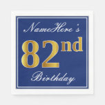 [ Thumbnail: Elegant Blue, Faux Gold 82nd Birthday; Custom Name Napkins ]