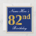 [ Thumbnail: Elegant, Blue, Faux Gold 82nd Birthday + Name Invitation ]
