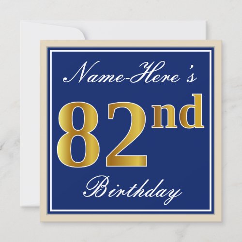 Elegant Blue Faux Gold 82nd Birthday  Name Invitation