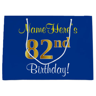 Elegant, Blue, Faux Gold 82nd Birthday + Name Large Gift Bag