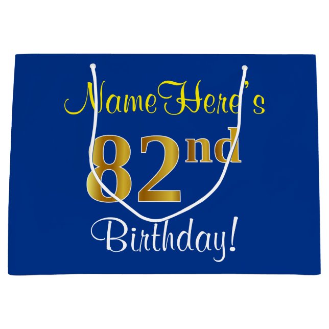 Elegant, Blue, Faux Gold 82nd Birthday + Name Large Gift Bag (Front)
