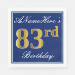 [ Thumbnail: Elegant Blue, Faux Gold 83rd Birthday; Custom Name Paper Napkin ]