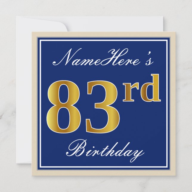 Elegant, Blue, Faux Gold 83rd Birthday + Name Invitation (Front)
