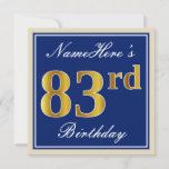 [ Thumbnail: Elegant, Blue, Faux Gold 83rd Birthday + Name Invitation ]