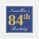 [ Thumbnail: Elegant Blue, Faux Gold 84th Birthday; Custom Name Napkins ]