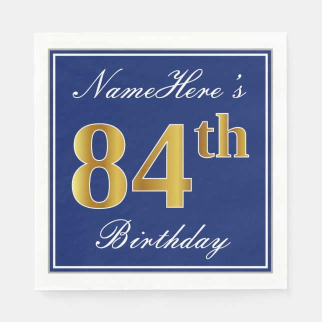 Elegant Blue, Faux Gold 84th Birthday; Custom Name Paper Napkins (Front)
