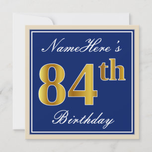 Elegant, Blue, Faux Gold 84th Birthday + Name Invitation