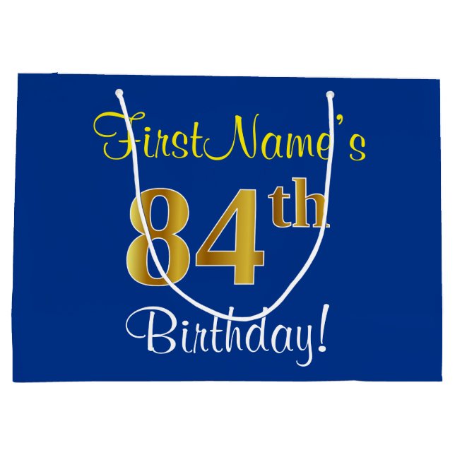 Elegant, Blue, Faux Gold 84th Birthday + Name Large Gift Bag (Back)