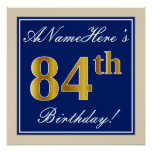 [ Thumbnail: Elegant, Blue, Faux Gold 84th Birthday + Name Poster ]