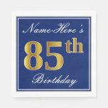 [ Thumbnail: Elegant Blue, Faux Gold 85th Birthday; Custom Name Napkins ]
