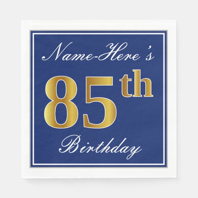 Elegant Blue, Faux Gold 85th Birthday; Custom Name Paper Napkins (Front)