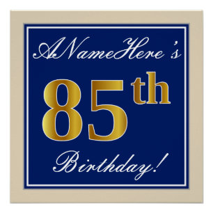 Elegant, Blue, Faux Gold 85th Birthday + Name Poster