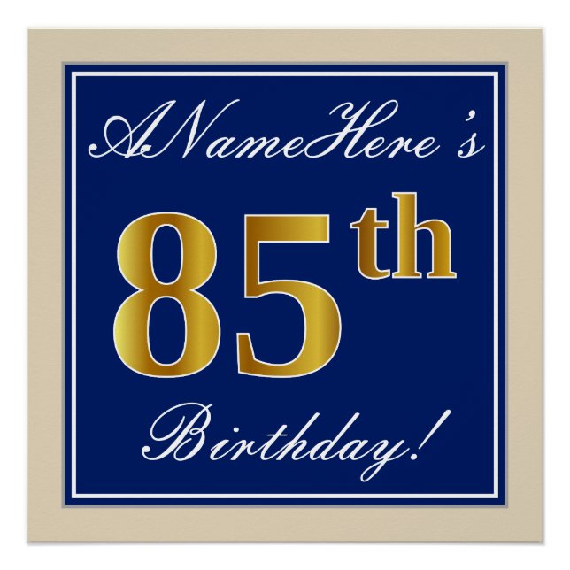 Elegant, Blue, Faux Gold 85th Birthday + Name Poster (Front)