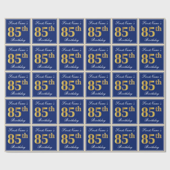 Elegant, Blue, Faux Gold 85th Birthday + Name Wrapping Paper (Flat)