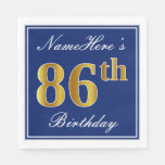 [ Thumbnail: Elegant Blue, Faux Gold 86th Birthday; Custom Name Napkins ]