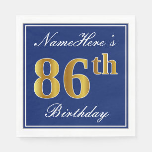 Elegant Blue, Faux Gold 86th Birthday; Custom Name Paper Napkins