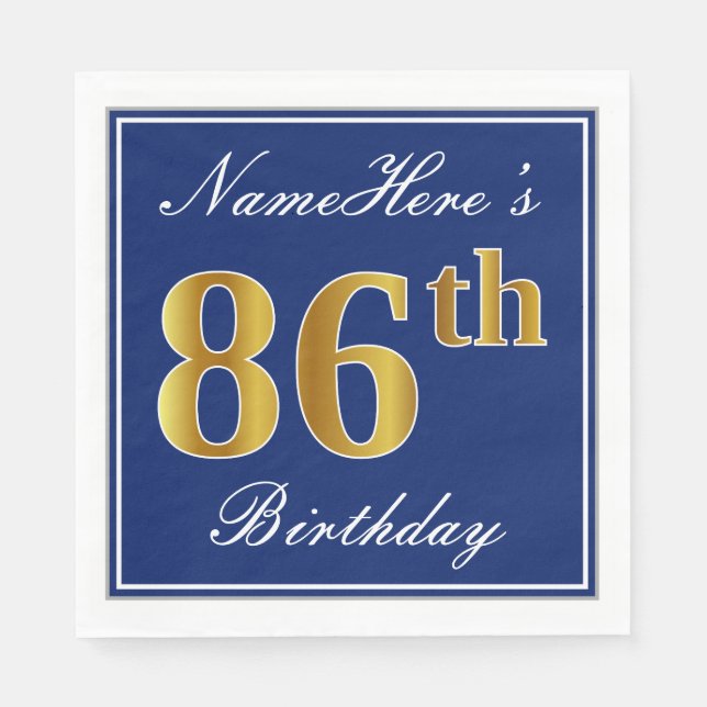 Elegant Blue, Faux Gold 86th Birthday; Custom Name Paper Napkins (Front)