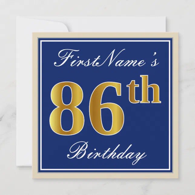 Elegant, Blue, Faux Gold 86th Birthday + Name Invitation | Zazzle