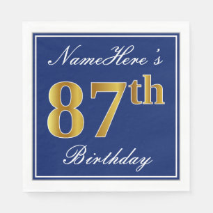 Elegant Blue, Faux Gold 87th Birthday; Custom Name Paper Napkins