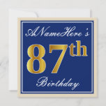 [ Thumbnail: Elegant, Blue, Faux Gold 87th Birthday + Name Invitation ]