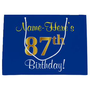 Elegant, Blue, Faux Gold 87th Birthday + Name Large Gift Bag