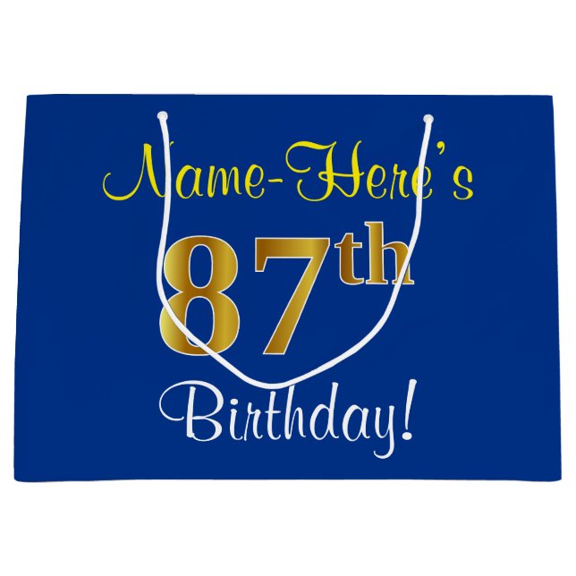 Elegant, Blue, Faux Gold 87th Birthday + Name Large Gift Bag (Front)