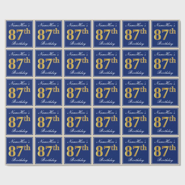 Elegant, Blue, Faux Gold 87th Birthday + Name Wrapping Paper (Flat)