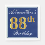 [ Thumbnail: Elegant Blue, Faux Gold 88th Birthday; Custom Name Paper Napkin ]