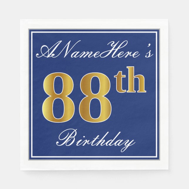Elegant Blue, Faux Gold 88th Birthday; Custom Name Paper Napkins (Front)