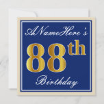 [ Thumbnail: Elegant, Blue, Faux Gold 88th Birthday + Name Invitation ]