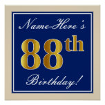 [ Thumbnail: Elegant, Blue, Faux Gold 88th Birthday + Name Poster ]