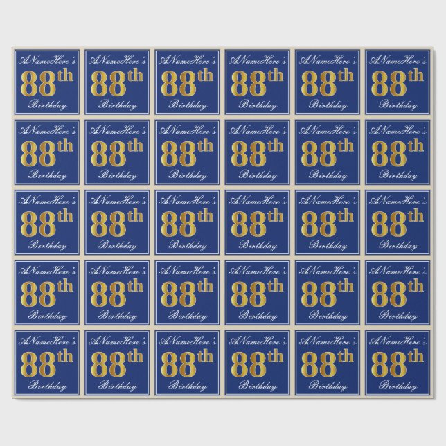 Elegant, Blue, Faux Gold 88th Birthday + Name Wrapping Paper (Flat)