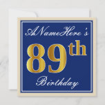 [ Thumbnail: Elegant, Blue, Faux Gold 89th Birthday + Name Invitation ]