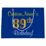 [ Thumbnail: Elegant, Blue, Faux Gold 89th Birthday + Name Gift Bag ]