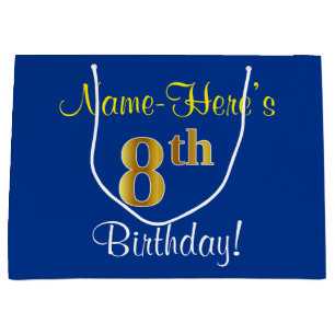 Elegant, Blue, Faux Gold 8th Birthday; Custom Name Large Gift Bag