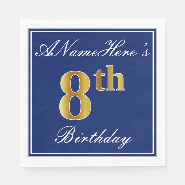 Elegant Blue, Faux Gold 8th Birthday + Custom Name Paper Napkins (Front)