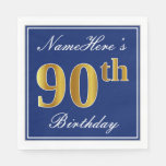 [ Thumbnail: Elegant Blue, Faux Gold 90th Birthday; Custom Name Napkins ]