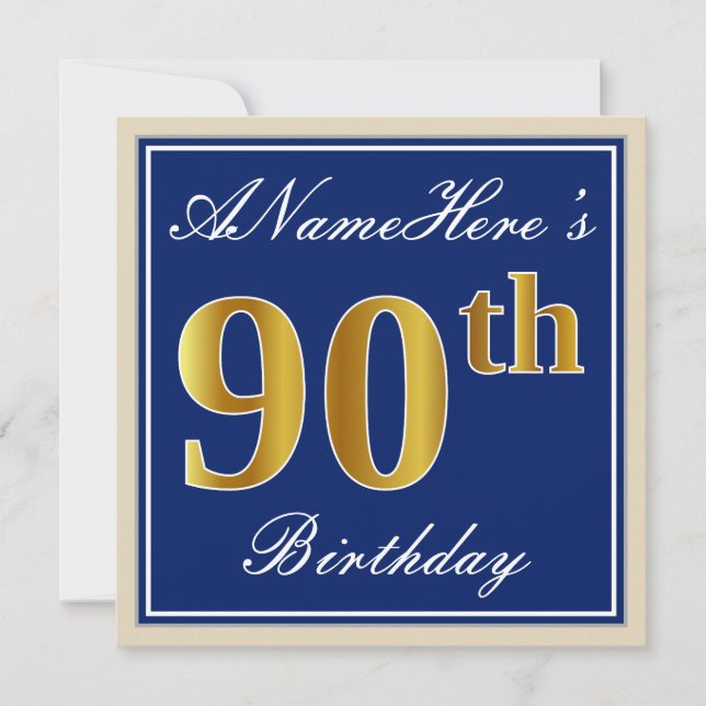 Elegant, Blue, Faux Gold 90th Birthday + Name Invitation (Front)